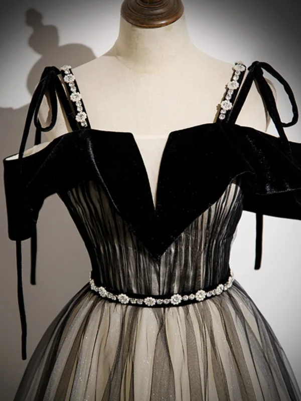 Chic / Beautiful Black Sequins Prom Dresses 2023 A-Line / Princess Pearl Rhinestone Spaghetti Straps Sash Short Sleeve Backless Floor-Length / Long Prom Formal Dresses