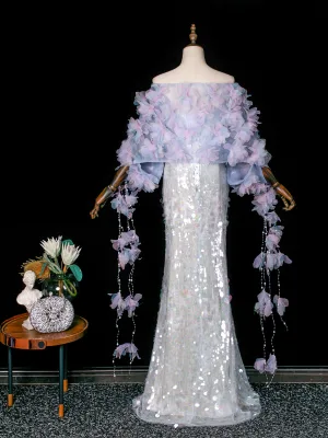 Sexy Sparkly Sølv Perle Paljetter Blomst Selskapskjoler 2026 Trompet Havfrue Strapless Uten Ermer Ryggløse Lange Formelle Kjoler