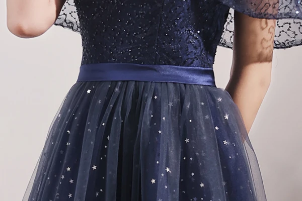 Vintage / Retro Navy Blue Beading Star Sequins Prom Dresses 2024 A-Line / Princess V-Neck Short Sleeve Backless Floor-Length / Long Prom Formal Dresses