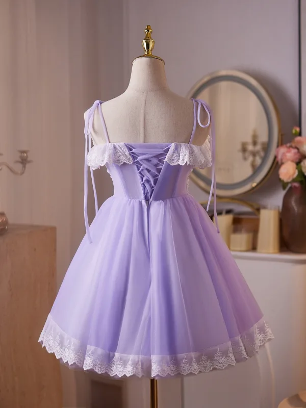 Chic / Beautiful Lavender Beading Sequins Lace Flower Short Party Dresses 2025 A-Line / Princess Spaghetti Straps Sleeveless Backless Tulle Cocktail Party Evening Party