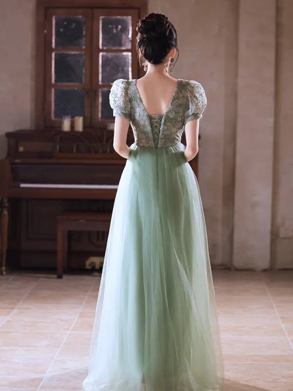 Chic / Belle Vert Cendré Fleur Robe De Bal 2025 Princesse V-Cou Manches Courtes Dos Nu Longue Promo Robe De Ceremonie
