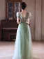 Chic / Belle Vert Cendré Fleur Robe De Bal 2025 Princesse V-Cou Manches Courtes Dos Nu Longue Promo Robe De Ceremonie