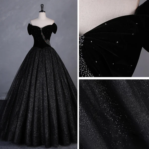 Charming Black Glitter Beading Velvet Prom Dresses Ball Gown 2023 Off-The-Shoulder Short Sleeve Backless Floor-Length / Long Prom Formal Dresses