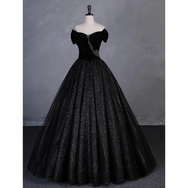Charming Black Glitter Beading Velvet Prom Dresses Ball Gown 2023 Off-The-Shoulder Short Sleeve Backless Floor-Length / Long Prom Formal Dresses