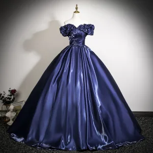 Vintage Originale Bleu Marine Robe De Bal 2025 Robe Boule De L Épaule Manches Courtes Dos Nu Longue Promo Robe De Ceremonie