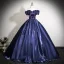 Vintage / Retro Navy Blue Prom Dresses 2025 Ball Gown Off-The-Shoulder Short Sleeve Backless Floor-Length / Long Prom Formal Dresses