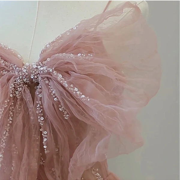 Charming Blushing Pink Beading Ruffle Evening Dresses 2023 A-Line / Princess Spaghetti Straps Bow Sleeveless Backless Evening Party Floor-Length / Long Formal Dresses
