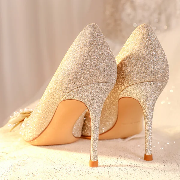 Charming Bling Bling Gold Pearl Sequins Rhinestone Wedding Shoes 2023 Leather 8 cm Stiletto Heels Pointed Toe Wedding Pumps High Heels