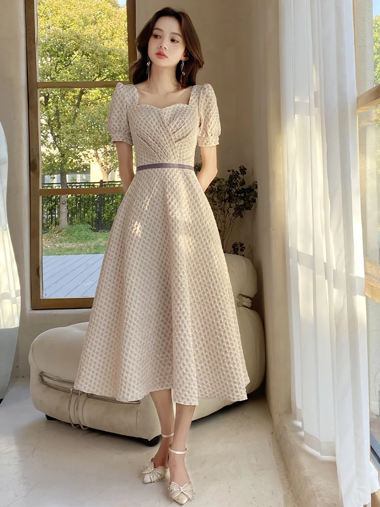 Modest Simple Beige Bridesmaid Dresses 2022 A Line Princess Short Sleeve  Backless Tea Length Bridesmaid