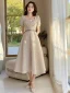 Modest / Simple Beige Bridesmaid Dresses 2022 A-Line / Princess Short Sleeve Backless Tea-length Bridesmaid