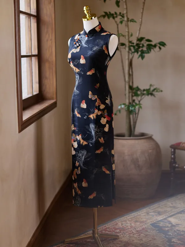 Chinese style Black Butterfly Printing Summer Tea-length Cheongsam 2024 Trumpet / Mermaid High Neck Sleeveless