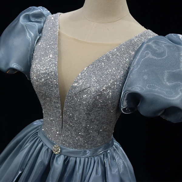 Chic / Beautiful Sky Blue Sequins Prom Dresses 2023 Ball Gown Satin Scoop Neck Puffy Short Sleeve Backless Rhinestone Sash Floor-Length / Long Prom Formal Dresses