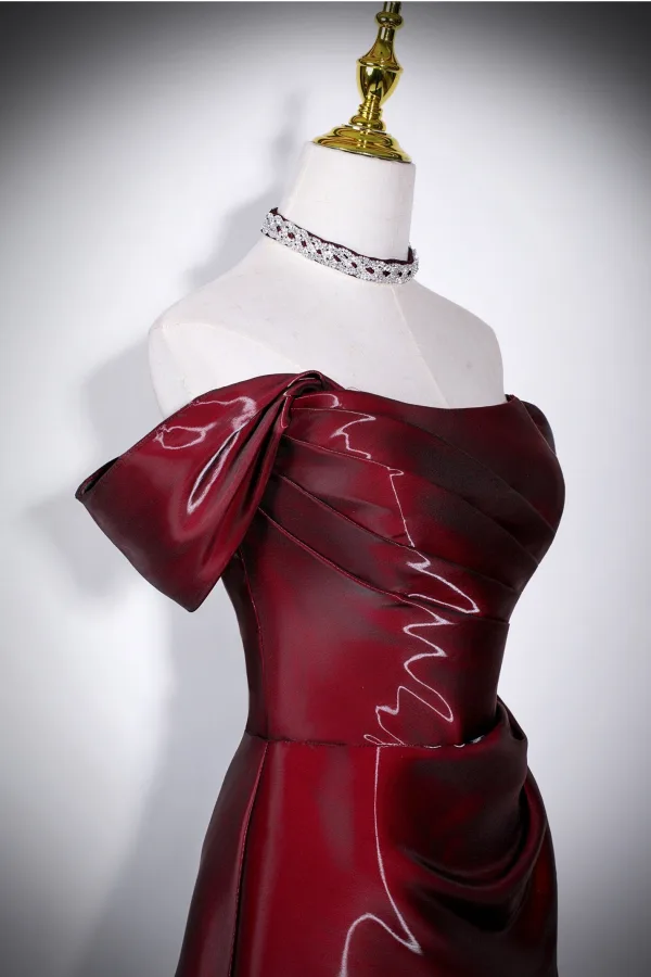 Modest / Simple Burgundy Prom Dresses 2026 A-Line / Princess Off-The-Shoulder Cap Sleeves Backless Floor-Length / Long Formal Dresses
