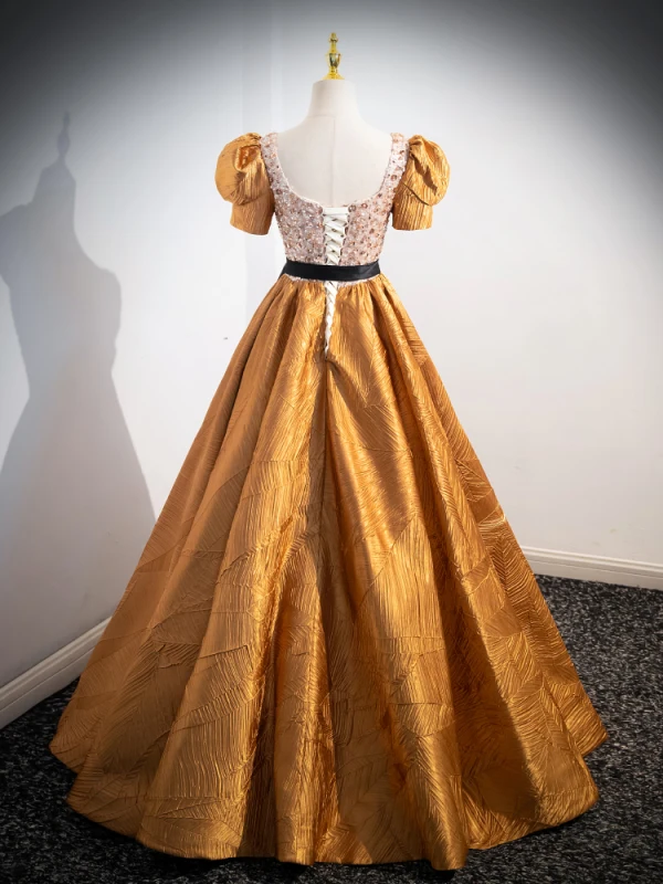 Elegant Yellow Beading Sequins Prom Dresses 2024 Ball Gown Square Neckline Puffy Short Sleeve Bow Sash Backless Floor-Length / Long Prom Formal Dresses
