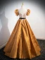 Elegant Yellow Beading Sequins Prom Dresses 2024 Ball Gown Square Neckline Puffy Short Sleeve Bow Sash Backless Floor-Length / Long Prom Formal Dresses