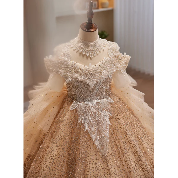 Scintillantes Charmant Champagne Perlage Perle Paillettes Faux Diamant Volants en Cascade Anniversaire Robe Ceremonie Fille 2023 Robe Boule Encolure Dégagée Manches Courtes Dos Nu Longue