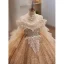 Scintillantes Charmant Champagne Perlage Perle Paillettes Faux Diamant Volants en Cascade Anniversaire Robe Ceremonie Fille 2023 Robe Boule Encolure Dégagée Manches Courtes Dos Nu Longue