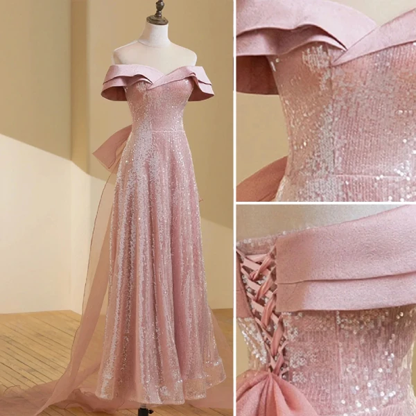 Glitzernden Rosa Pailletten Abendkleider 2023 A Linie Off Shoulder Ärmellos Rückenfreies Schleife Lange Abend Festliche Kleider