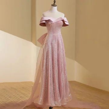 Sparkly Blushing Pink Sequins Evening Dresses 2023 A Line Princess Off The Shoulder Sleeveless Backless Bow Floor Length Long Evening Party Formal Dresses