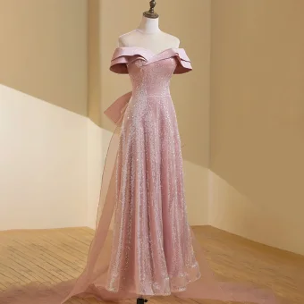 Scintillantes Rougissant Rose Paillettes Robe De Bal 2023 Princesse De L Épaule Sans Manches Dos Nu Noeud Longue Promo Robe De Ceremonie