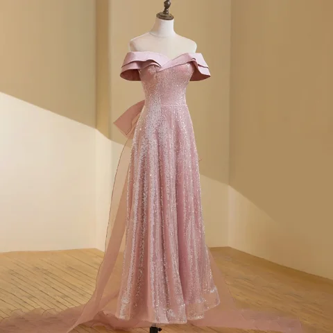 Sparkly Rødmende Rosa Paljetter Ballkjoler 2023 Prinsesse Av Skulderen Uten Ermer Ryggløse Sløyfe Lange Ball Formelle Kjoler