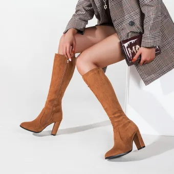 Fashion Brown Street Wear Winter Fall Womens Boots 2023 9 Cm Thick Heels Pointed Toe Womens Boots