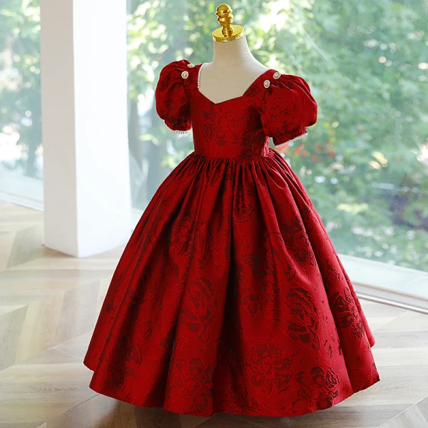 Élégant Bordeaux Anniversaire Perle Satin Impression Robe Ceremonie Fille 2023 Robe Boule Encolure Carrée Gonflée Manches Courtes Dos Nu Longue Robe Ceremonie Fille