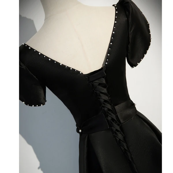 Elegant Black Satin Evening Dresses 2023 A-Line / Princess Square Neckline Short Sleeve Backless Floor-Length / Long Prom Formal Dresses