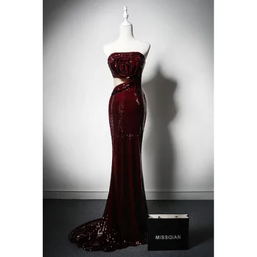 Scintillantes Bordeaux Paillettes Robe De Soirée 2024 Trompette Sirène Bustier Sans Manches Dos Nu Train De Balayage Soirée Robe De Ceremonie