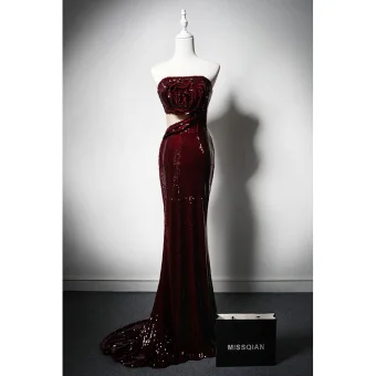 Sparkly Burgundy Sequins Evening Dresses 2024 Trumpet Mermaid Strapless Sleeveless Backless Sweep Train Evening Party Formal Dresses