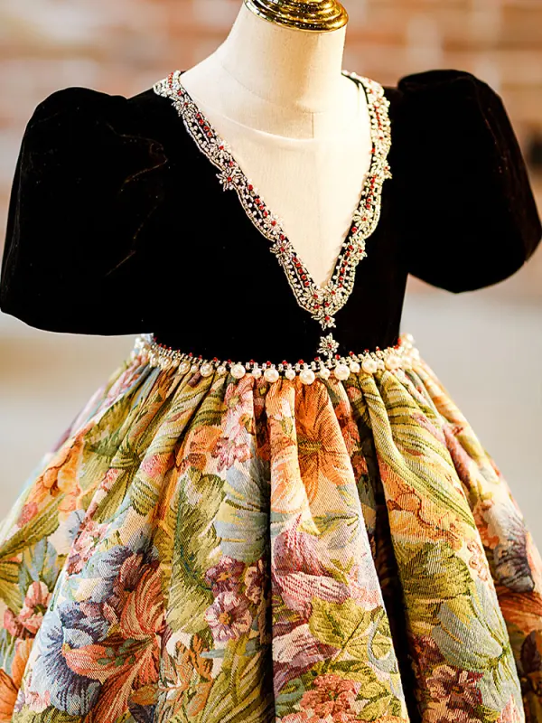 Vintage / Retro Black Pearl Rhinestone Printing Birthday Flower Girl Dresses 2024 Ball Gown Scoop Neck Short Sleeve Floor-Length / Long