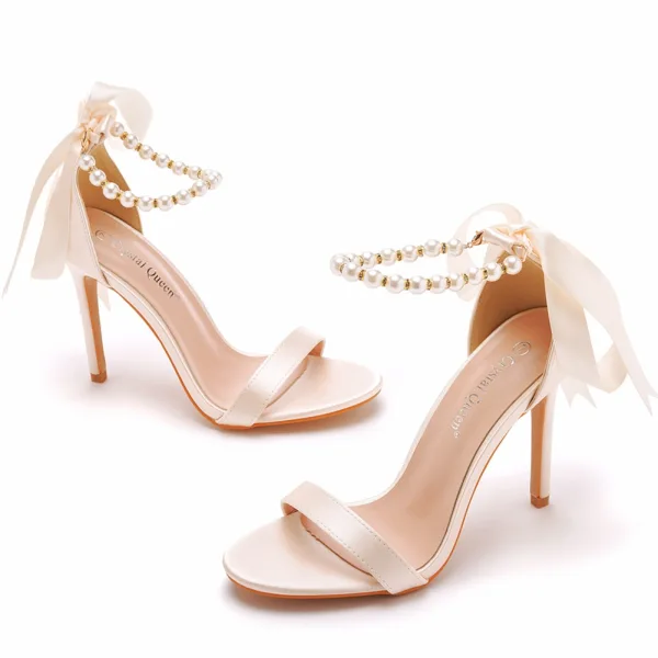 Élégant Blanche Perle Bride Cheville Noeud Soirée Sandales Femme 2023 10 cm Talons Aiguilles Talons Hauts Peep Toes / Bout Ouvert Sandales
