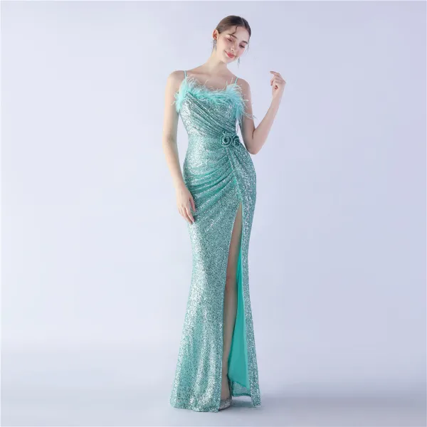 Charmant Bleu Marine Paillettes Fendue devant Robe De Soirée 2024 Trompette / Sirène Bretelles Spaghetti Gland Sans Manches Dos Nu Longue Soirée Robe De Ceremonie