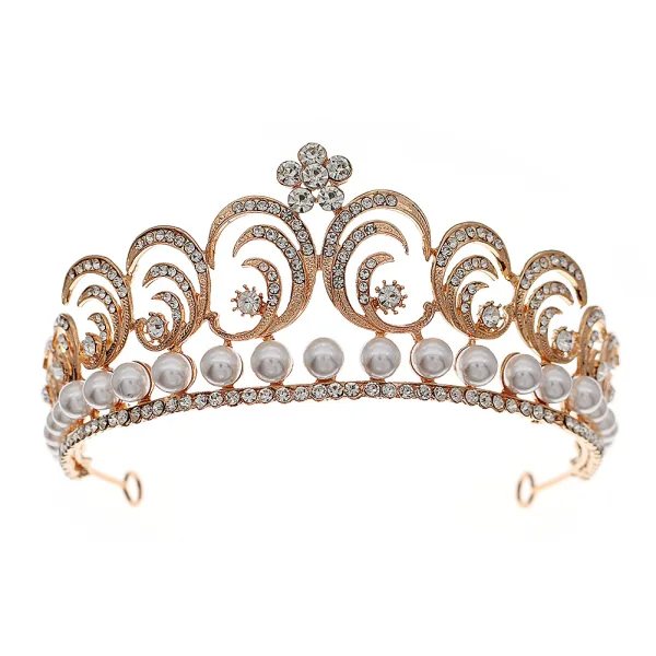 Vintage Barokowy Złote Perła Rhinestone ślubna Ślub Tiara 2022 Metal Stop Biżuteria Ślubna Akcesoria