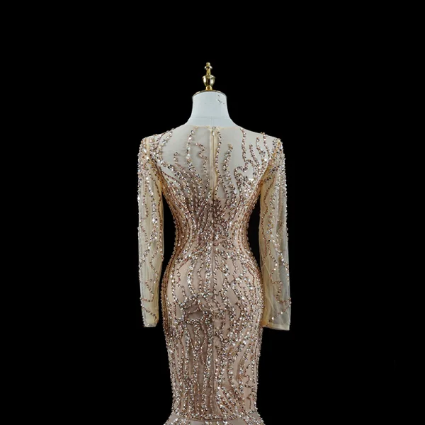 Scintillantes Doré Fait main Perlage Paillettes Robe De Soirée 2023 Trompette / Sirène V-Cou Manches Longues Train De Balayage Soirée Robe De Ceremonie