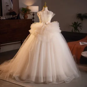 Chic Beautiful Champagne Sequins Appliques Cascading Ruffles Wedding Dresses Ball Gown 2025 Spaghetti Straps Sleeveless Backless Sweep Train Wedding