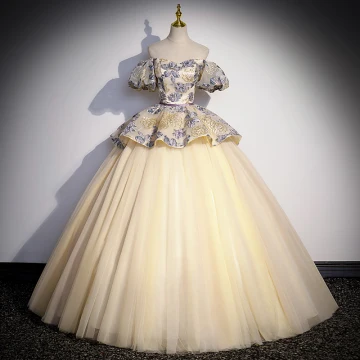 Elegant Champagne Cascading Ruffles Printing Prom Dresses 2023 Ball Gown Off The Shoulder Puffy Short Sleeve Backless Floor Length Long Prom Formal Dresses