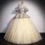 Elegant Champagne Cascading Ruffles Printing Prom Dresses 2023 Ball Gown Off-The-Shoulder Puffy Short Sleeve Backless Floor-Length / Long Prom Formal Dresses