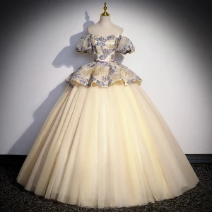 Elegantes Champán Volantes En Cascada Impresión Vestidos De Gala 2023 Ball Gown Fuera Del Hombro Hinchado Manga Corta Sin Espalda Largos Gala Vestidos Formales