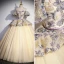 Elegant Champagne Cascading Ruffles Printing Prom Dresses 2023 Ball Gown Off-The-Shoulder Puffy Short Sleeve Backless Floor-Length / Long Prom Formal Dresses