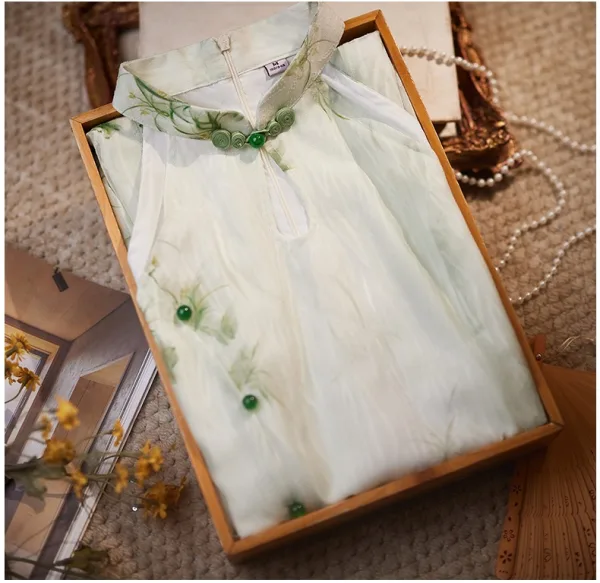 Chinese style Sage Green Printing Tea-length Cheongsam 2024 Trumpet / Mermaid High Neck Sleeveless