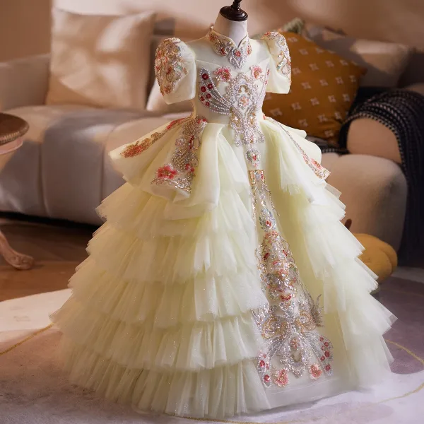 Vintage / Retro Medieval Champagne Beading Lace Flower Pearl Sequins Cascading Ruffles Birthday Flower Girl Dresses 2025 Ball Gown High Neck Short Sleeve