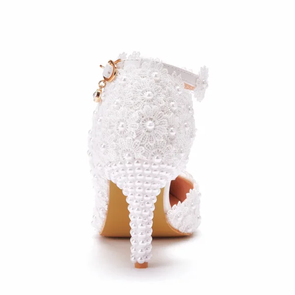 Elegant White Wedding Shoes 2022 Lace Flower Pearl Ankle Strap 8 cm Stiletto Heels Pointed Toe Wedding High Heels