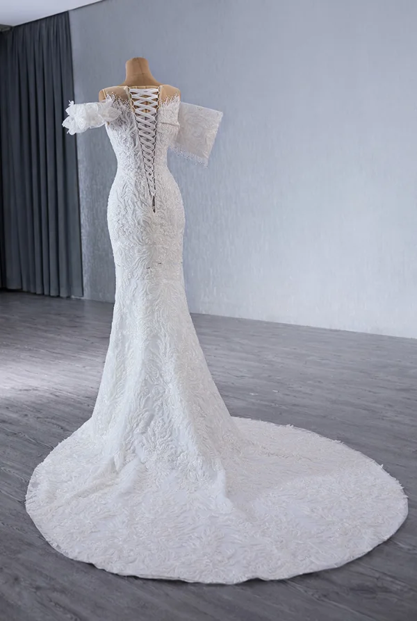 Luxury / Gorgeous White Handmade  Beading Rhinestone Lace Flower Cascading Ruffles Wedding Dresses 2024 Trumpet / Mermaid Scoop Neck Short Sleeve Court Train Wedding