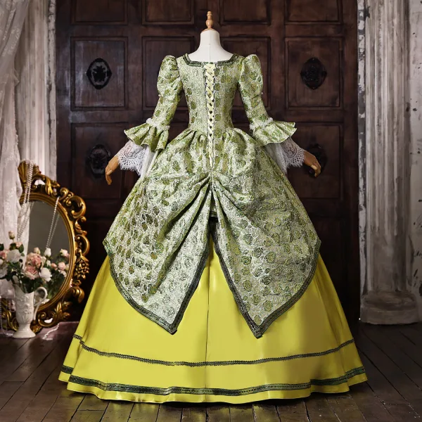 Vintage / Originale Médiévale Inhabituel Vert Cendré En Dentelle Fleur Impression Robe De Bal 2026 Robe Boule Encolure Carrée Manches de cloche Dos Nu Longue Robe De Ceremonie
