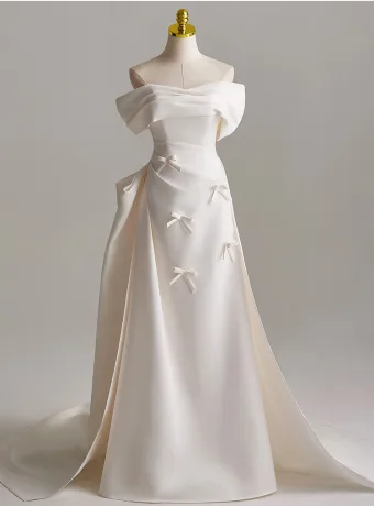 Elegant Ivory Bow Satin Prom Dresses 2025 A Line Princess Off The Shoulder Short Sleeve Backless Floor Length Long Formal Dresses