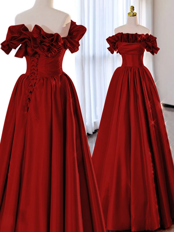 Elegant Burgundy Satin Prom Dresses 2023 A-Line / Princess Ruffle Strapless Sleeveless Backless Floor-Length / Long Prom Formal Dresses