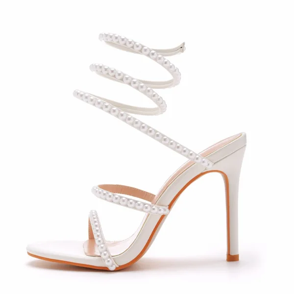 Sexy White Pearl Ankle Strap Summer Evening Party Womens Sandals 2023 10 cm Stiletto Heels Open / Peep Toe Sandals High Heels