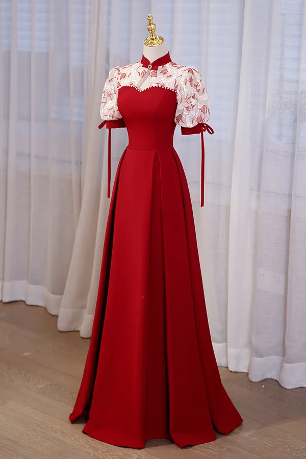 Chinese style Burgundy Pearl Satin Cheongsam Evening Dresses Prom Dresses 2023 A-Line