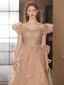 Charmant Champagne Perlage Paillettes Volants en Cascade Robe De Soirée 2023 Princesse De l'épaule Sans Manches Dos Nu Longue Soirée Robe De Ceremonie